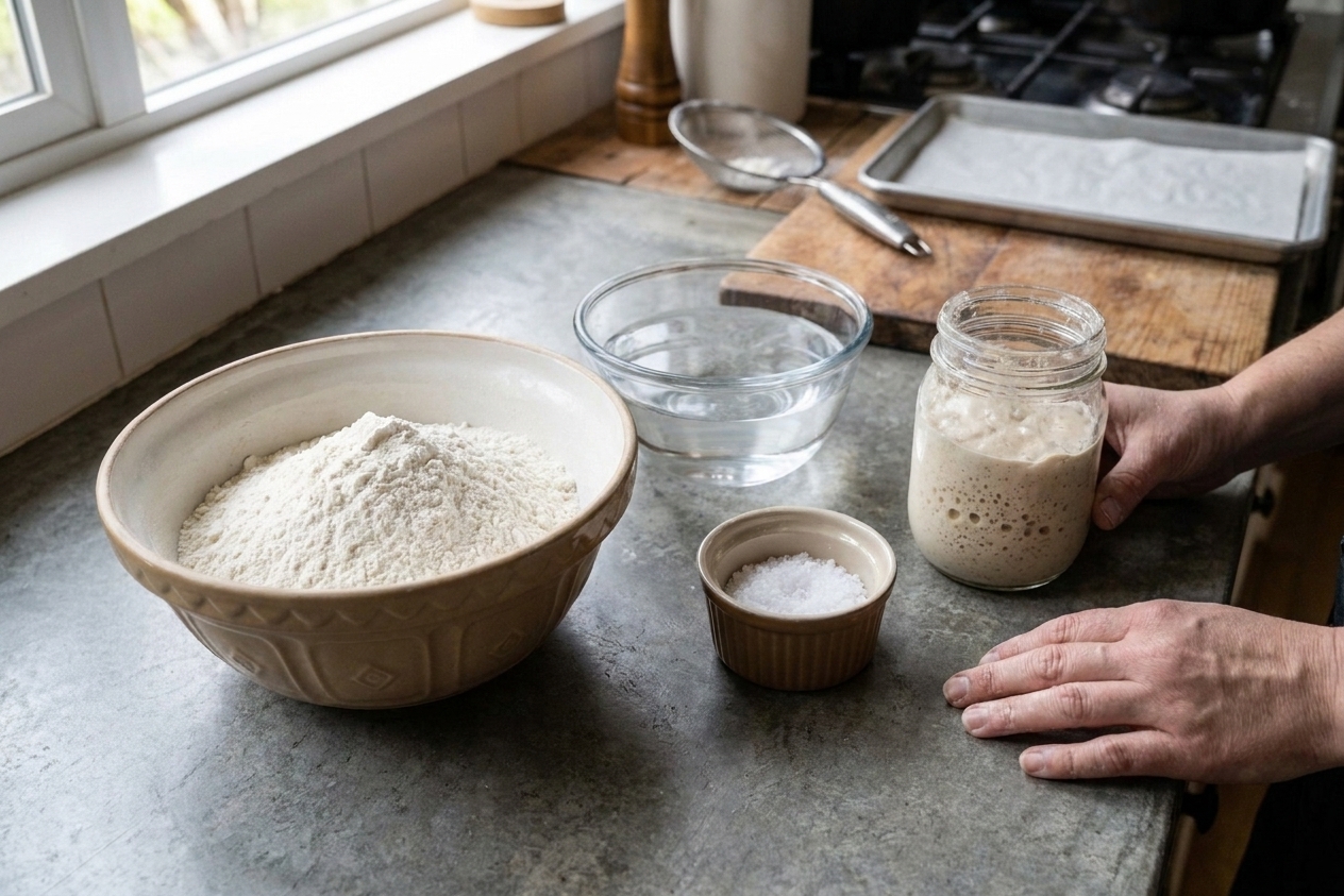 Measured flour, water, salt, and active sourdough starter arranged in bowls on a clean kitchen counter