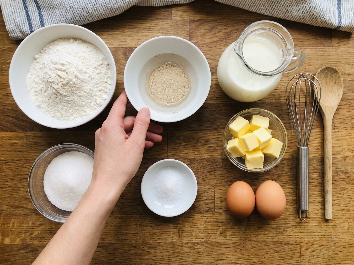 Measured flour, yeast, milk, butter, sugar, salt, and eggs arranged on a kitchen counter for making hamburger rolls