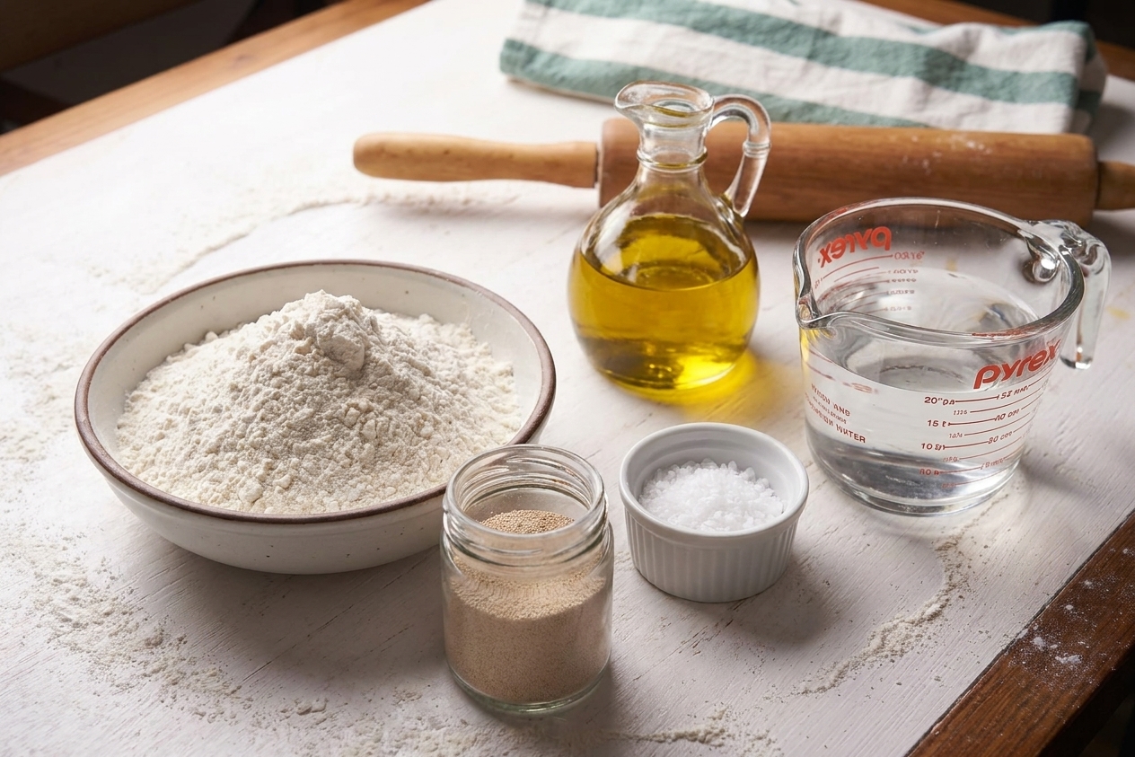 Measured flour, yeast, salt, olive oil, and warm water set out on a kitchen counter for pizza dough