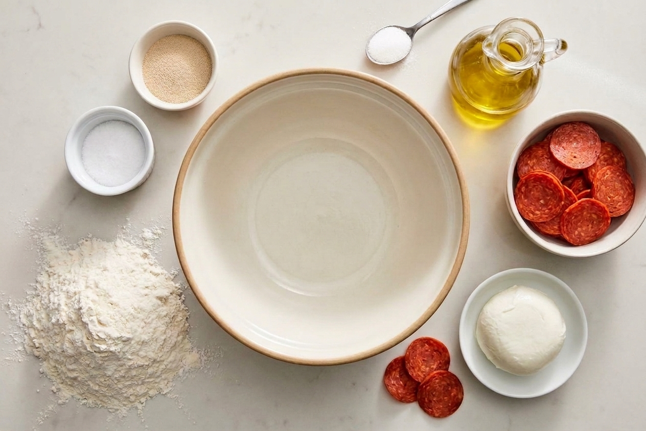 Measured flour, yeast, salt, sugar, olive oil, pepperoni slices, and mozzarella arranged on a home kitchen counter with a mixing bowl nearby