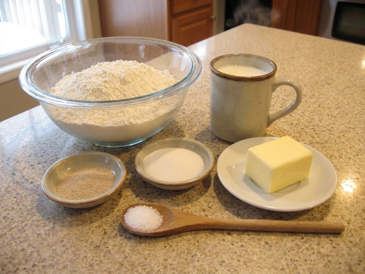 Measured flour, yeast, sugar, salt, butter, and a mug of warm milk arranged on a clean kitchen counter in natural light
