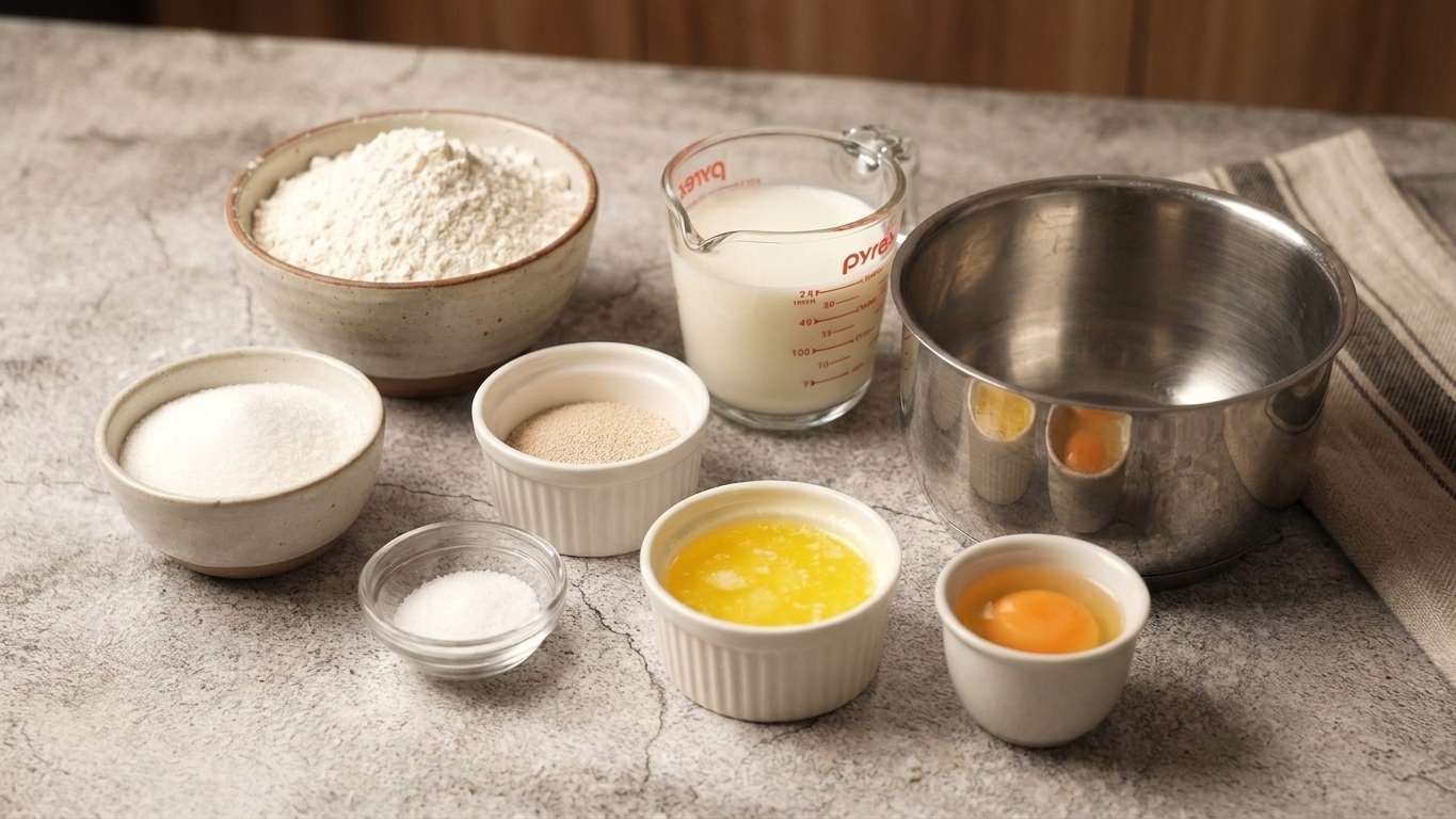 Measured flour, yeast, sugar, salt, warm milk, melted butter, and an egg arranged on a clean kitchen counter with a mixing bowl