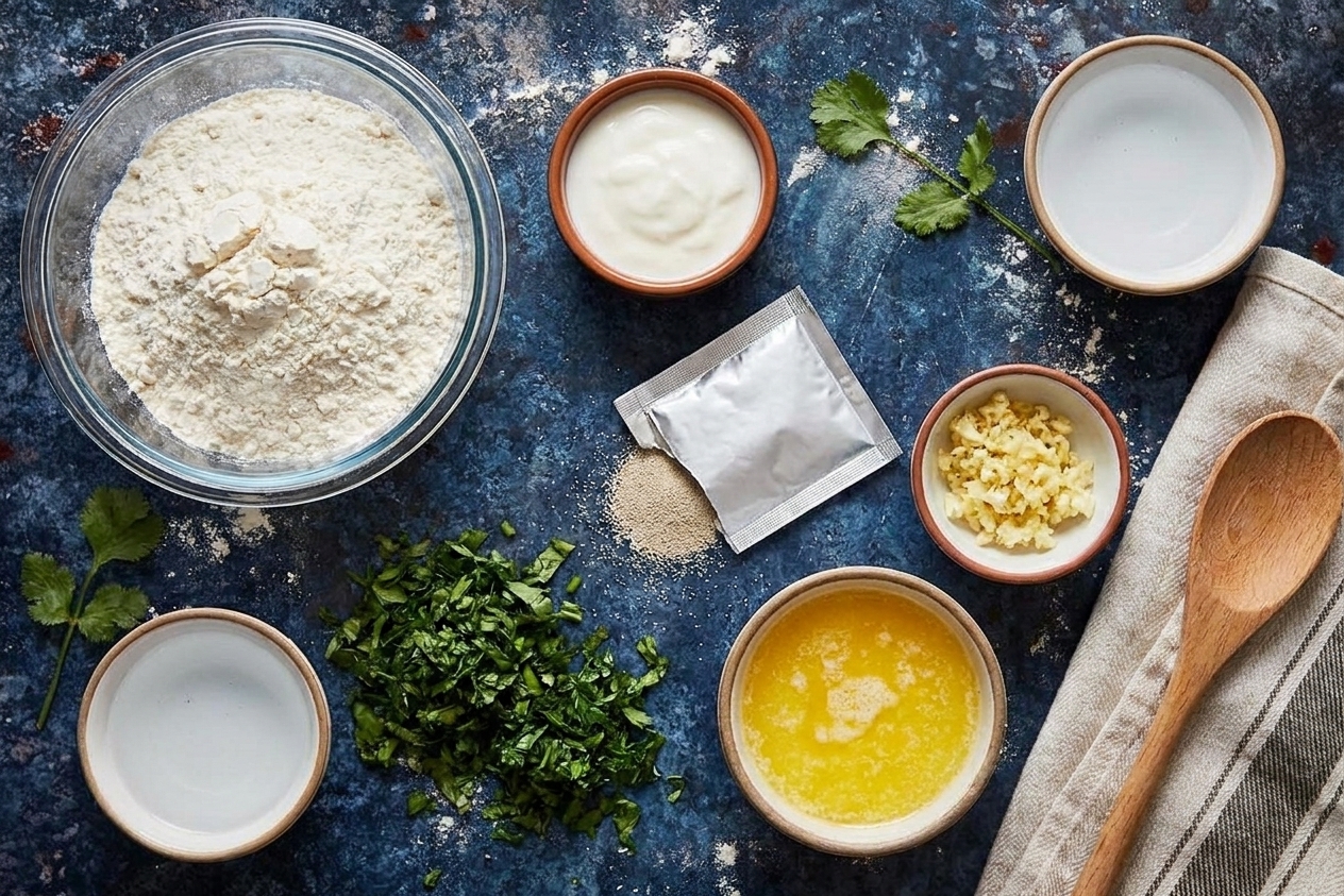 Measured flour, yogurt, yeast packet, minced garlic, melted butter, and herbs arranged and ready to cook