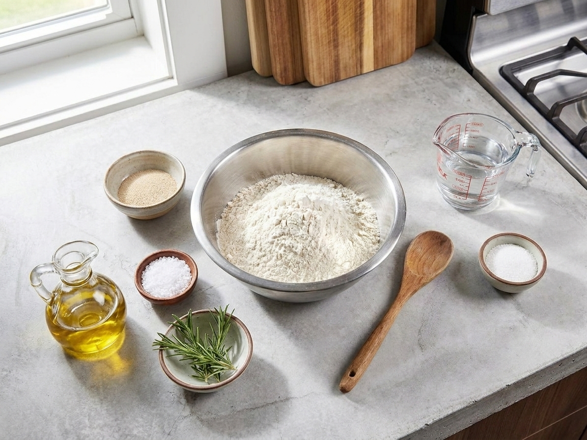 Measured focaccia ingredients including flour, instant yeast, salt, olive oil, rosemary, and a bowl of water arranged on a tidy kitchen counter in natural light