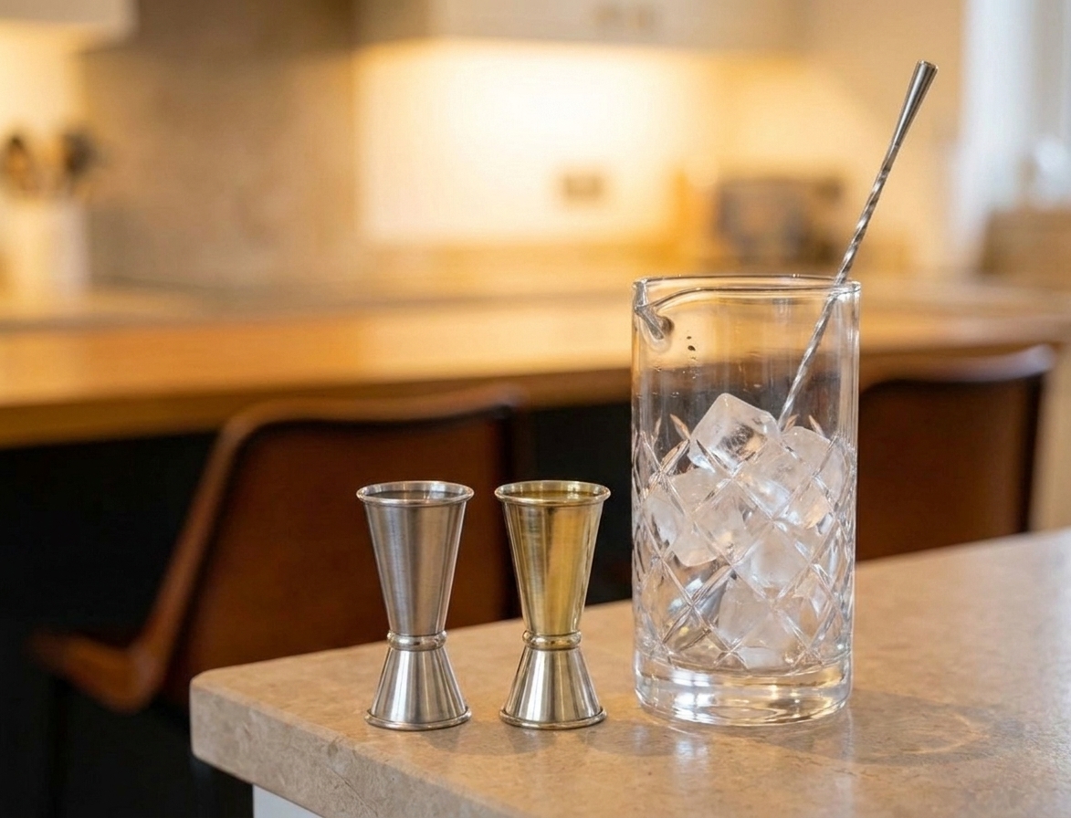Measured gin and dry vermouth in jiggers beside a mixing glass filled with clear ice on a stone countertop under soft kitchen lighting