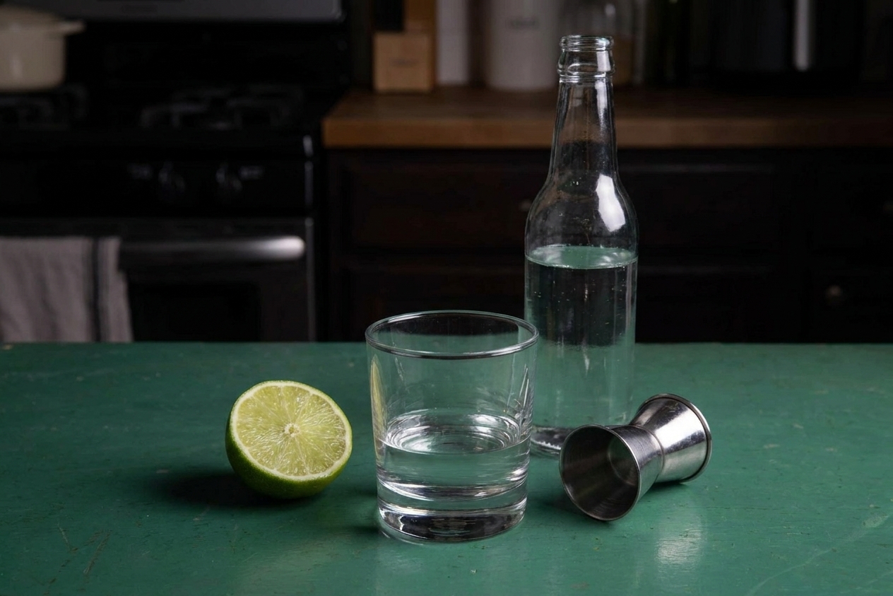 Measured gin in a small glass, a halved lime, and a bottle of club soda arranged on a clean kitchen counter with a jigger nearby