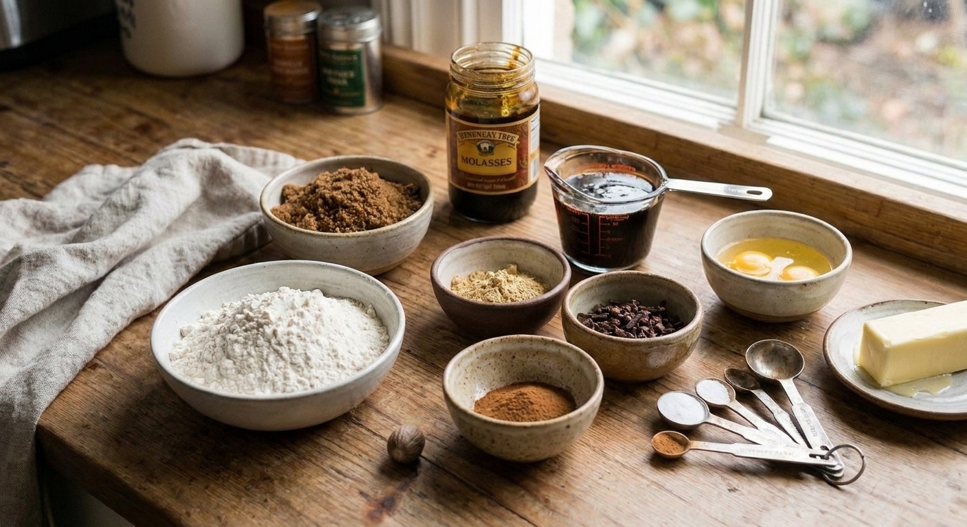 Measured gingerbread cake ingredients including flour, spices, brown sugar, molasses, eggs, and butter arranged on a home kitchen counter with warm natural light
