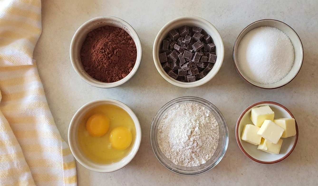 Measured gluten free brownie ingredients in small bowls, including cocoa powder, chopped chocolate, sugar, eggs, gluten free flour, and butter