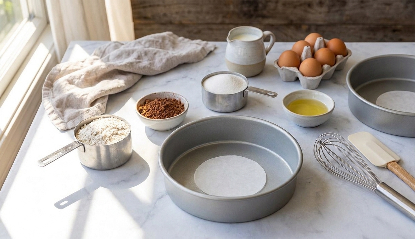 Measured gluten-free flour blend, cocoa powder, sugar, eggs, buttermilk, oil, and baking pans arranged on a tidy kitchen counter in warm natural light