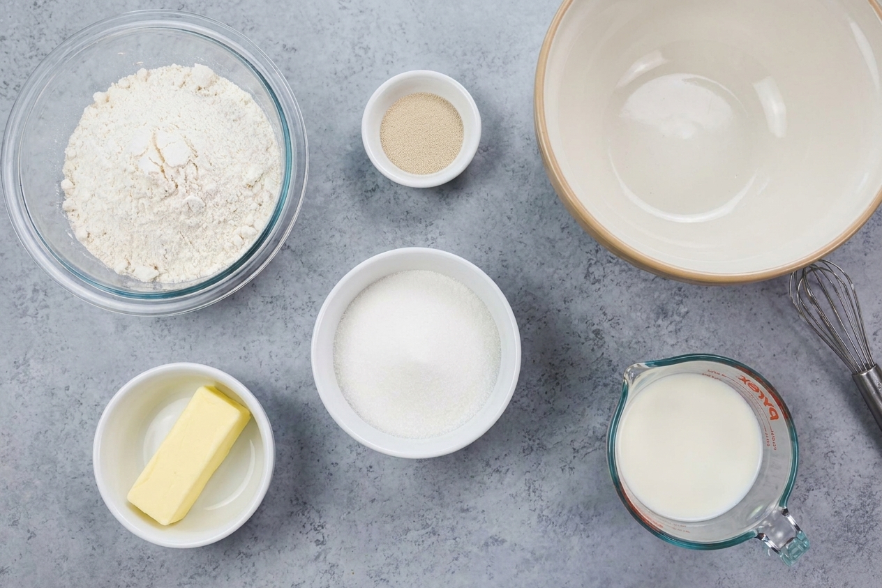 Measured gluten free flour blend, instant yeast, sugar, butter, and milk arranged on a neutral kitchen counter with mixing bowls