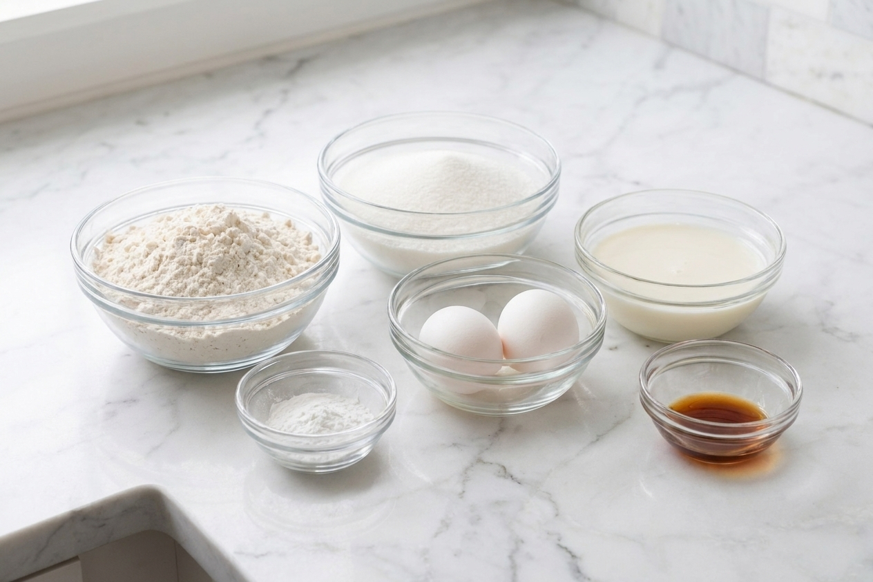 Measured gluten free flour blend, sugar, baking powder, eggs, milk, and vanilla arranged in small bowls on a clean kitchen counter