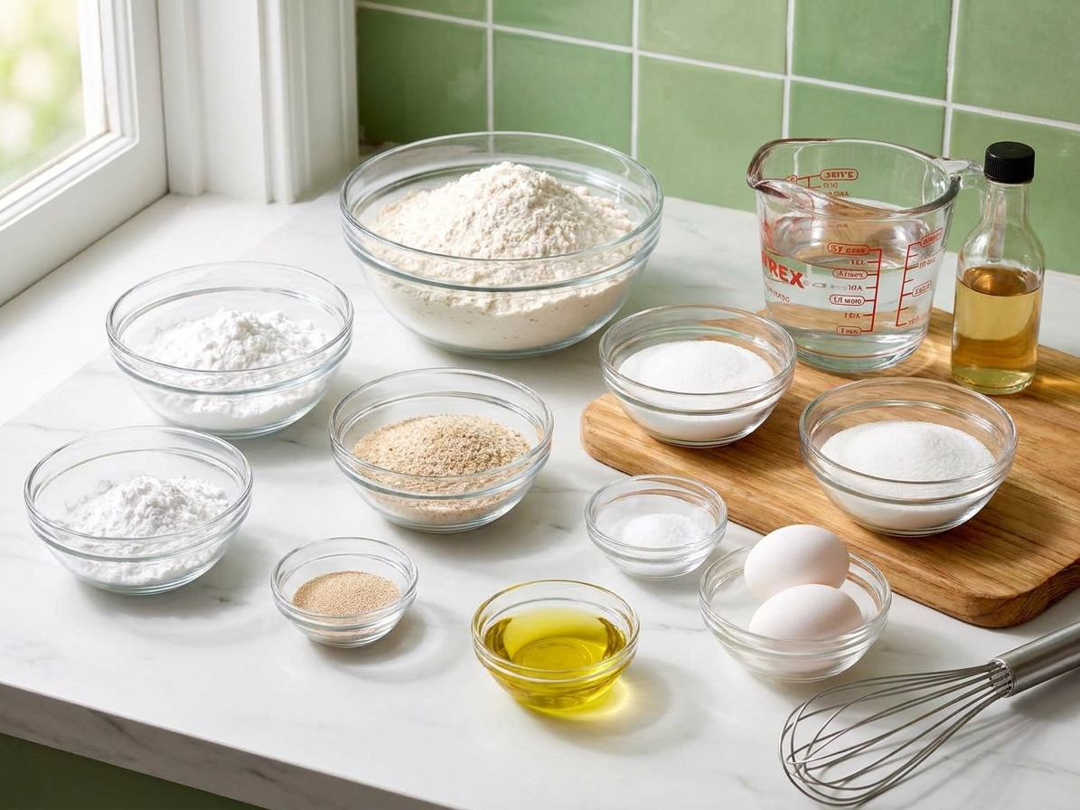 Measured gluten free flour blend, tapioca starch, psyllium husk, yeast, eggs, oil, vinegar, salt, sugar, and warm water arranged on a clean kitchen counter