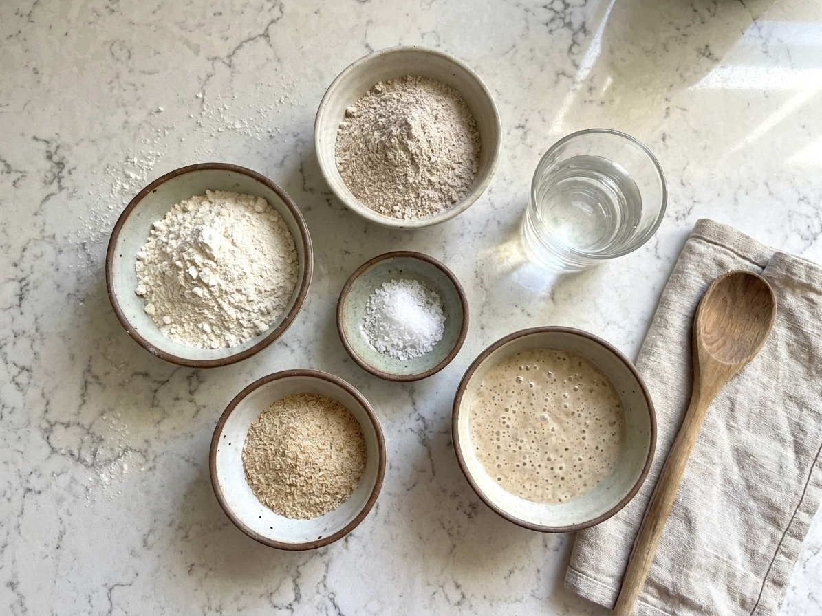 Measured gluten-free flours, psyllium husk, salt, sourdough starter, and water arranged in small bowls on a bright kitchen counter