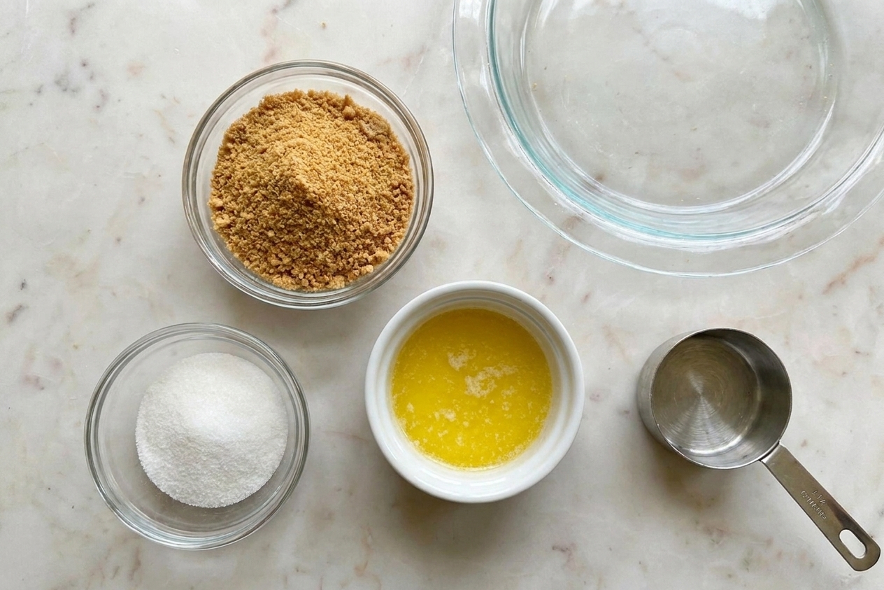 Measured graham cracker crumbs, melted butter, and sugar ready to make a crust