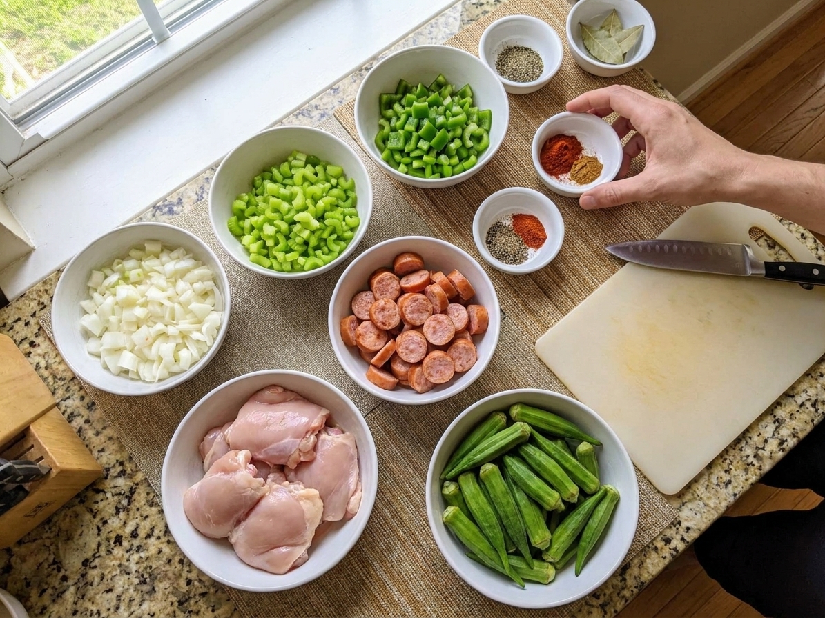 Measured gumbo ingredients on a bright kitchen counter including chopped onion celery and green bell pepper, sliced andouille sausage, chicken thighs, okra, and small bowls of spices