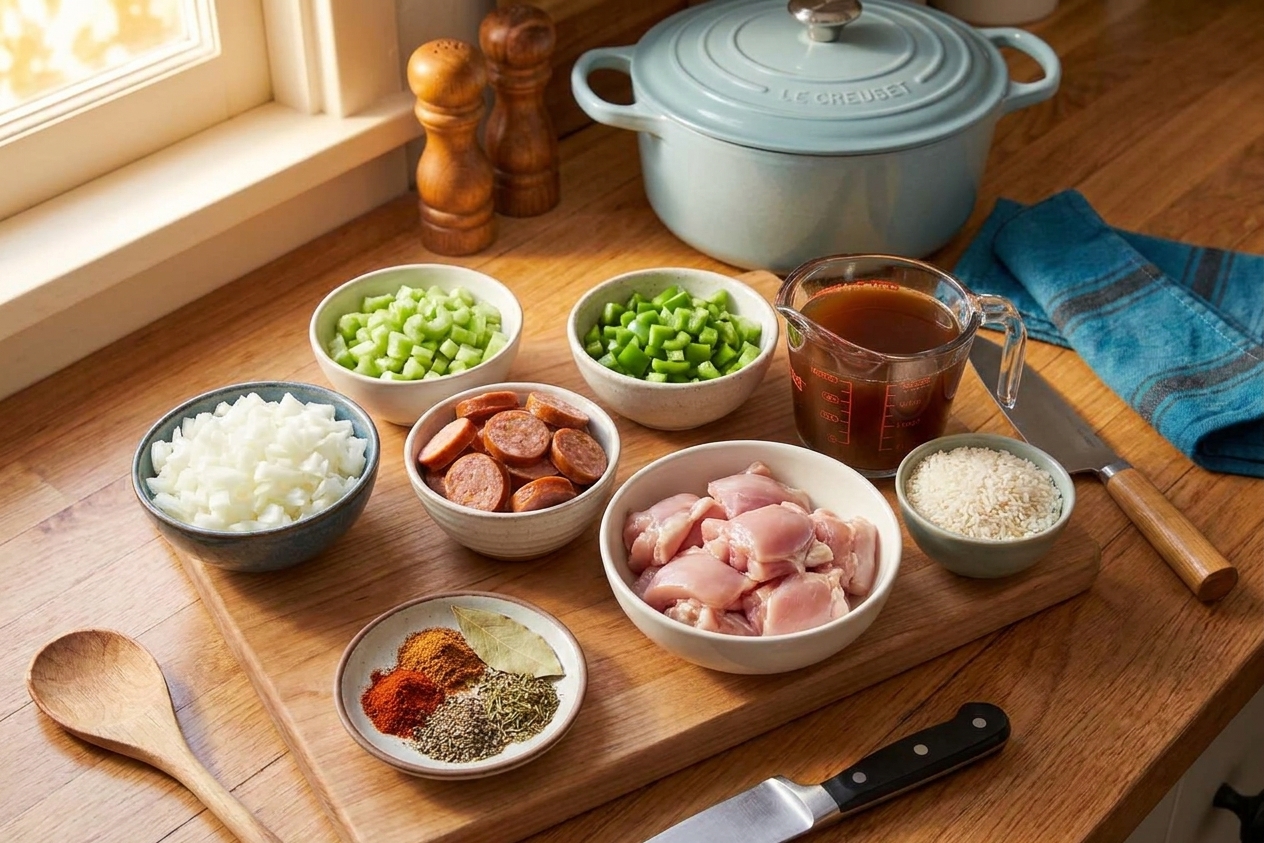 Measured gumbo ingredients on a kitchen counter including chopped onion, celery, green bell pepper, sliced andouille sausage, chicken thighs, spices, stock, and rice in small bowls