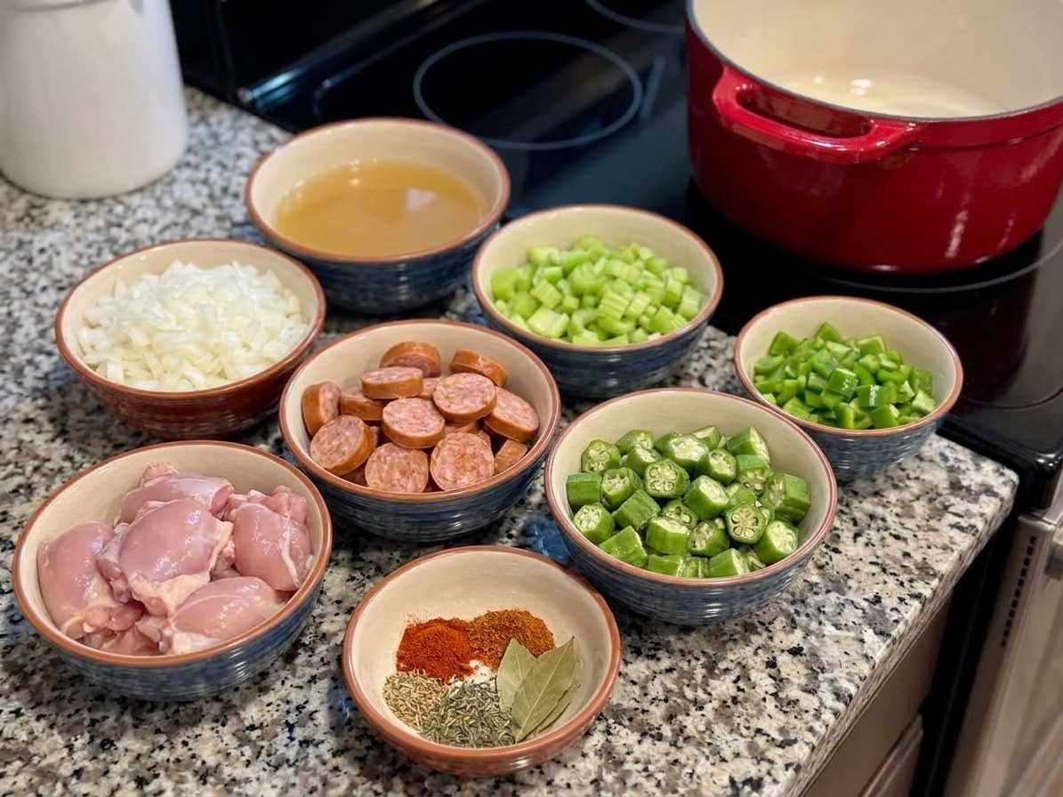 Measured gumbo ingredients on a kitchen counter including chopped onion, celery, bell pepper, sliced andouille sausage, chicken thighs, okra, spices, and stock in bowls under warm lighting