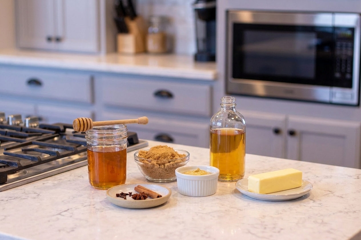 Measured honey, brown sugar, Dijon mustard, apple cider vinegar, butter, and spices arranged on a kitchen countertop