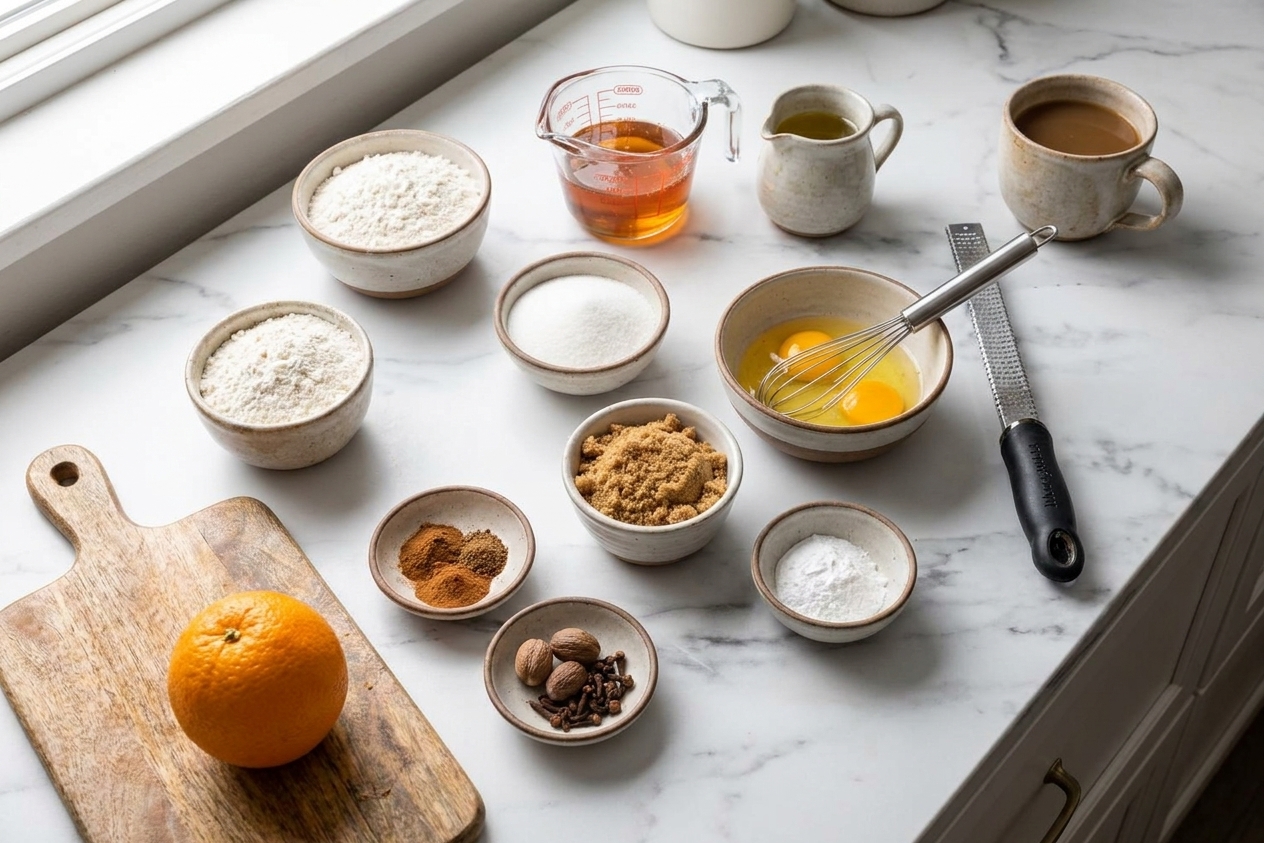 Measured honey cake ingredients on a kitchen counter including honey, flour, sugar, eggs, oil, oranges, spices, baking powder, and a mug of coffee