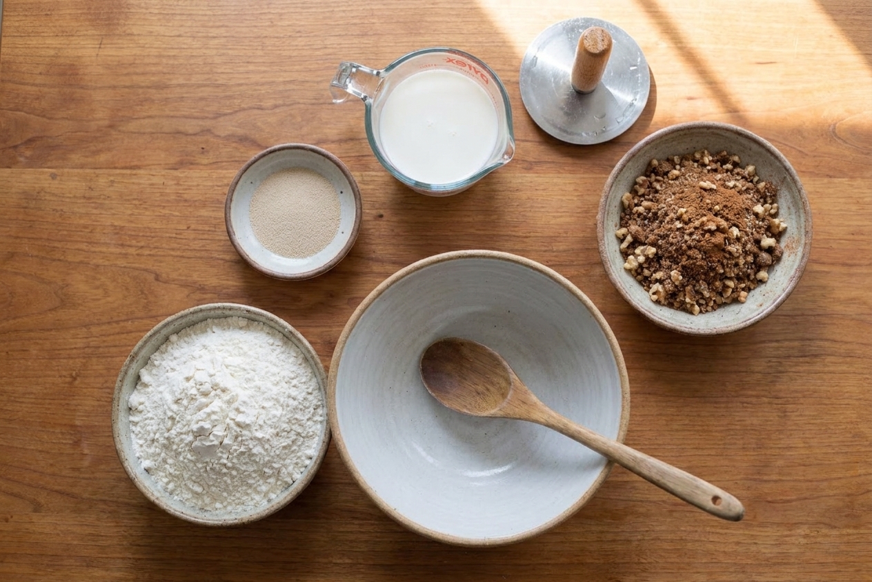 Measured hotteok ingredients on a kitchen counter with flour, sugar, yeast, milk, and a mixing bowl ready for prep