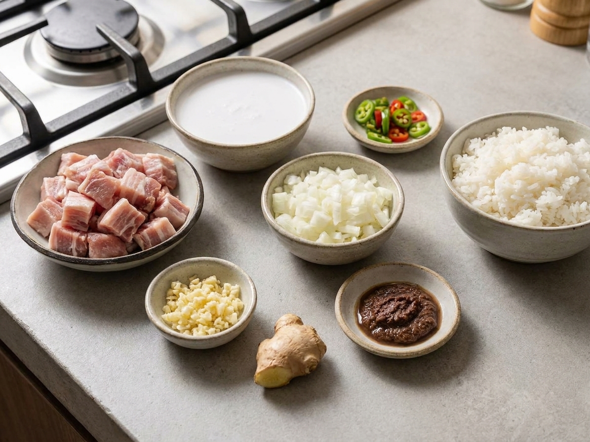 Measured ingredients for Bicol Express on a kitchen counter: pork pieces, coconut milk, sliced chiles, onion, garlic, ginger, shrimp paste, and a bowl of rice
