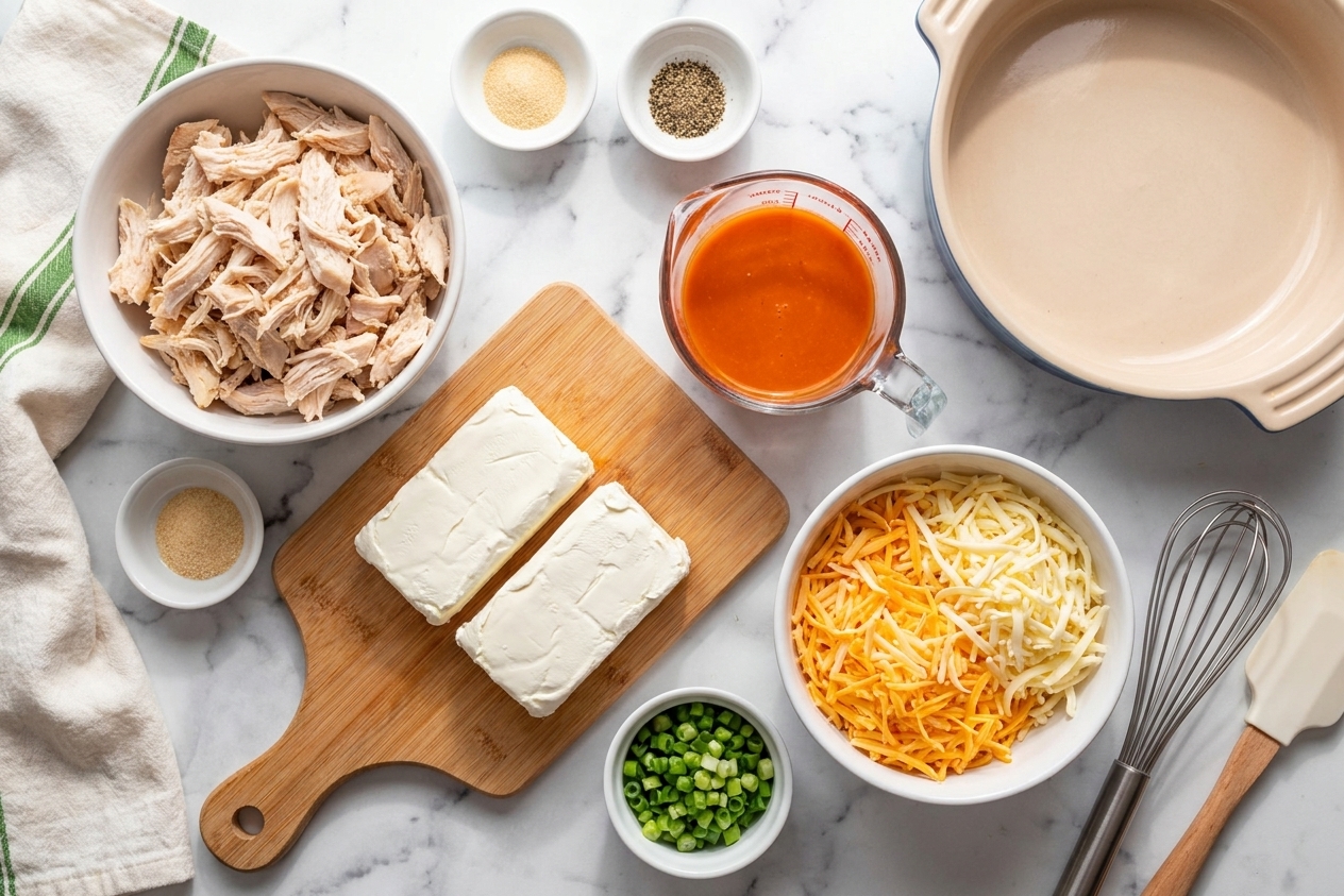 Measured ingredients for Buffalo chicken dip including shredded chicken, cream cheese, buffalo wing sauce, shredded cheese, green onions, and spices arranged on a kitchen counter