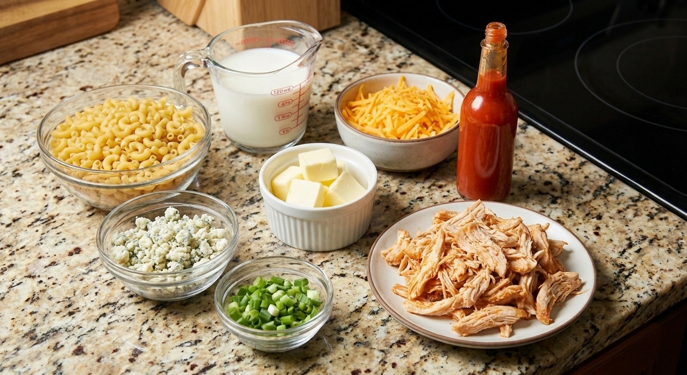 Measured ingredients for Buffalo chicken mac and cheese on a light kitchen counter, including elbow pasta, shredded cheddar, milk, butter, hot sauce, and cooked chicken