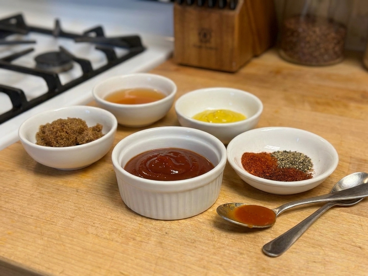 Measured ingredients for Carolina BBQ sauce including apple cider vinegar, yellow mustard, brown sugar, ketchup, hot sauce, and spices arranged on a clean kitchen counter in consistent warm lighting