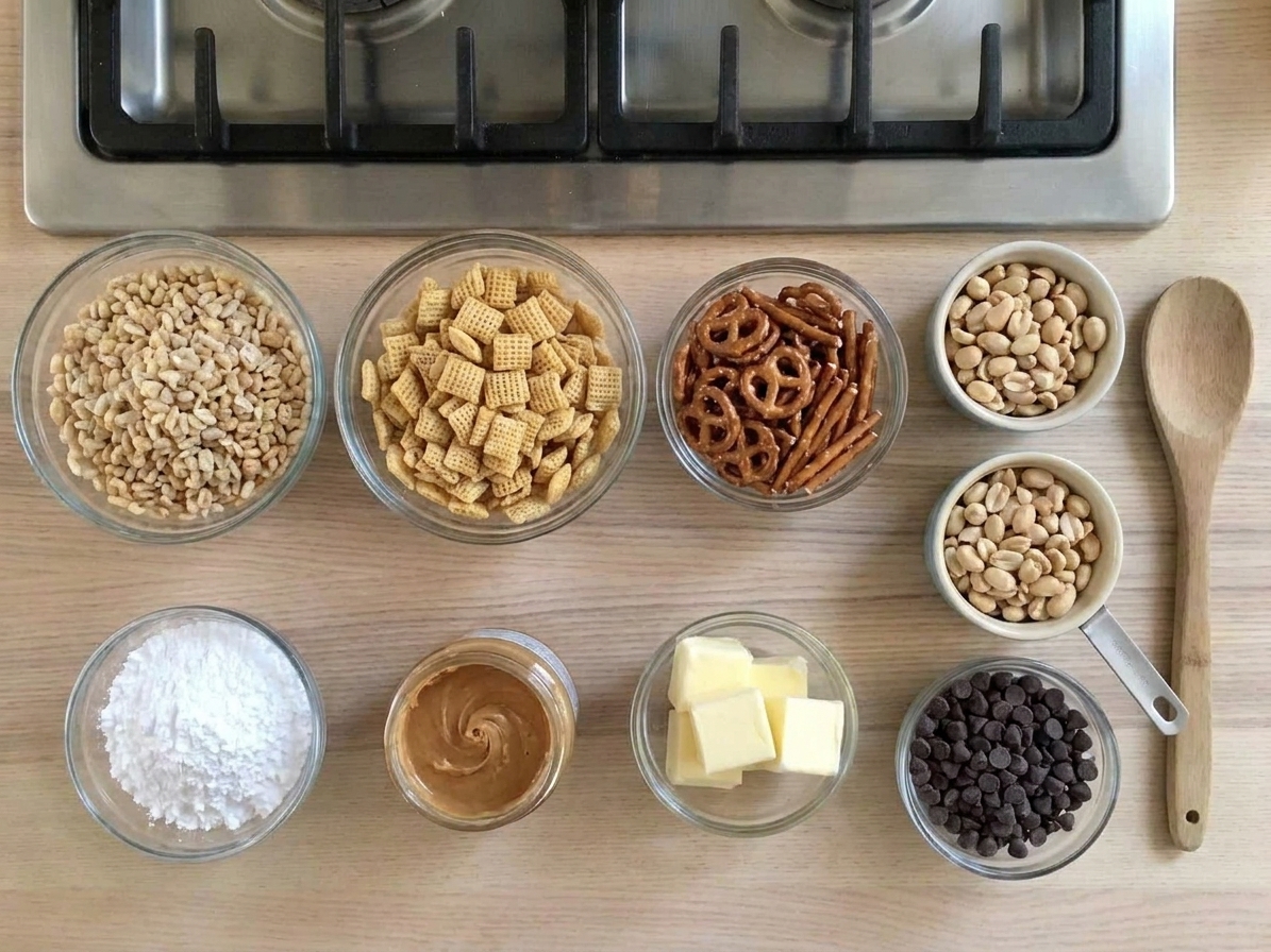Measured ingredients for Chex Buddies including Chex cereal, mini pretzels, peanuts, powdered sugar, peanut butter, butter, and chocolate chips arranged on a bright kitchen counter
