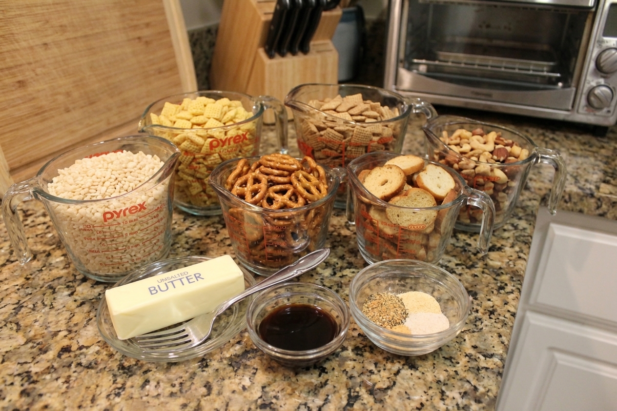 Measured ingredients for Chex Mix including Rice Chex, Corn Chex, Wheat Chex, pretzels, bagel chips, mixed nuts, butter, Worcestershire sauce, and seasonings arranged on a clean kitchen counter