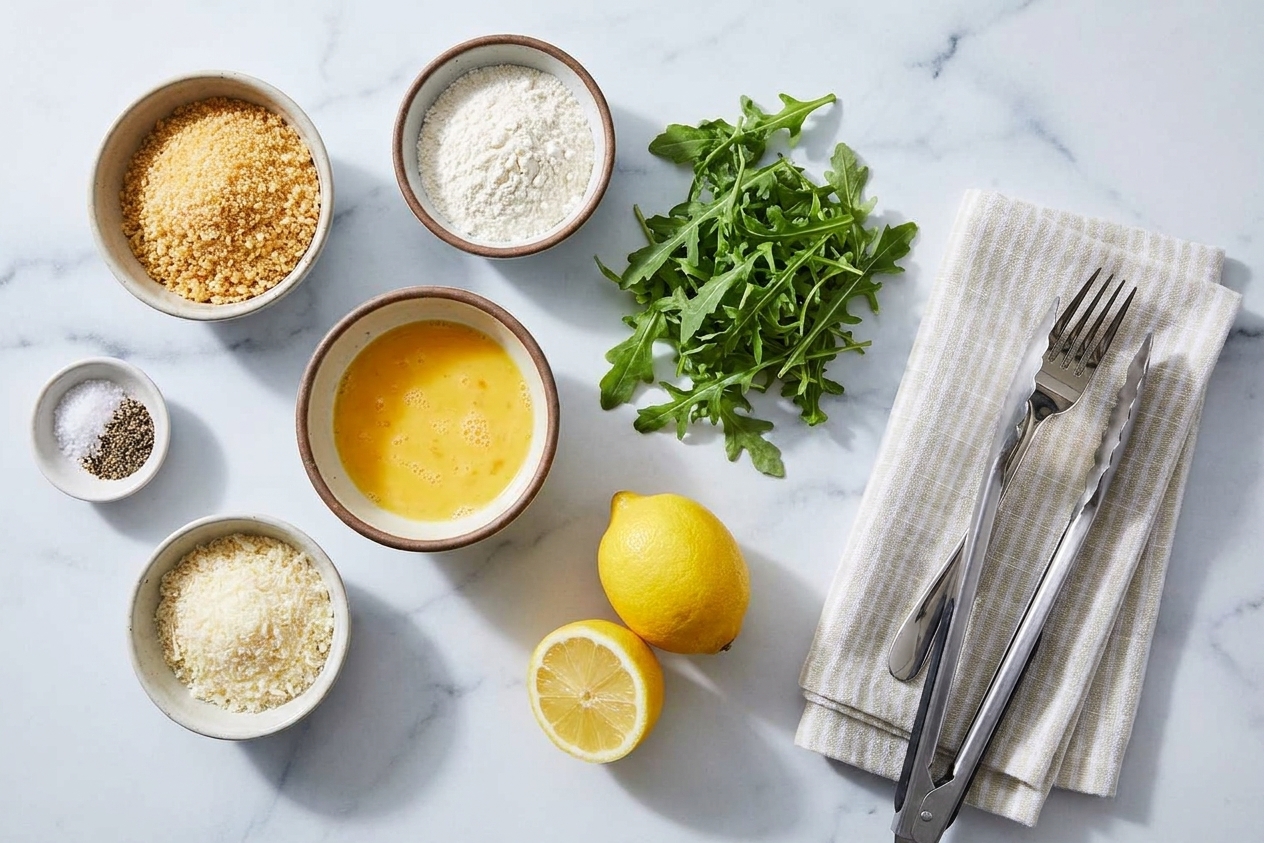 Measured ingredients for Chicken Milanese<!-- inpage-recommendation:20802 --> including panko, Parmesan, eggs, flour, lemons, and arugula arranged on a kitchen counter