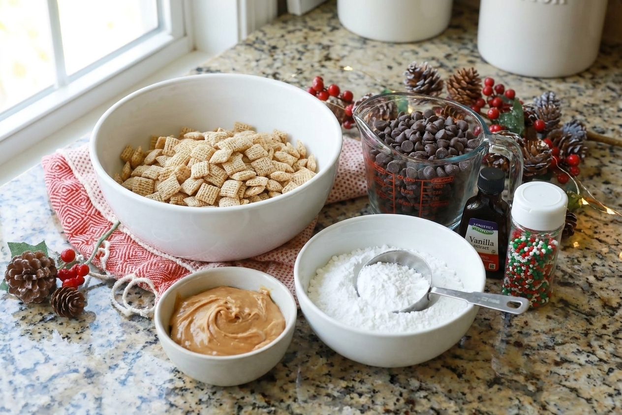 Measured ingredients for Christmas puppy chow on a kitchen counter, including cereal squares, chocolate chips, peanut butter, powdered sugar, vanilla, and holiday sprinkles