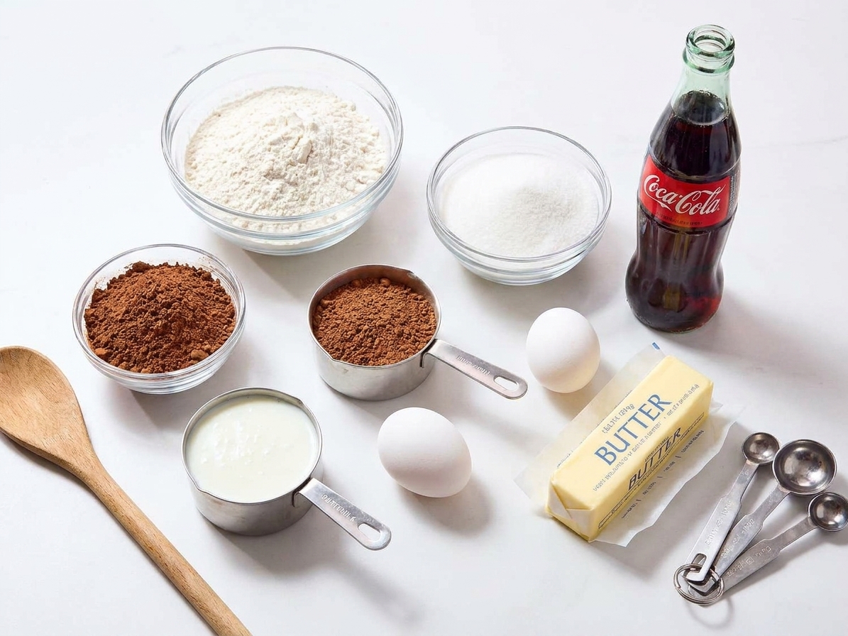 Measured ingredients for Coca-Cola cake on a kitchen counter, including flour, sugar, cocoa powder, buttermilk, eggs, butter, and an opened bottle of Coca-Cola