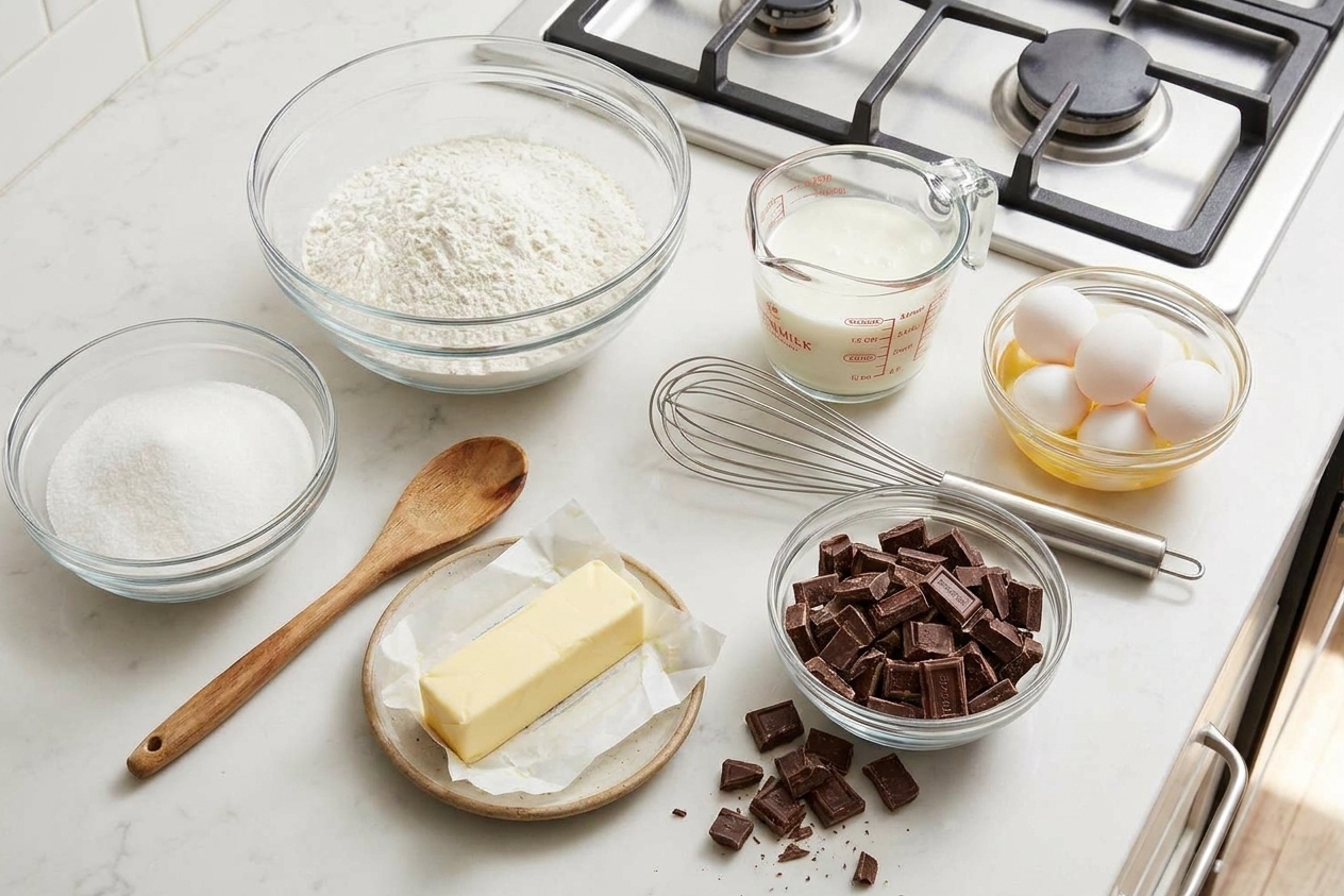 Measured ingredients for German chocolate cake on a kitchen counter, including flour, sugar, eggs, buttermilk, butter, and chopped German sweet chocolate