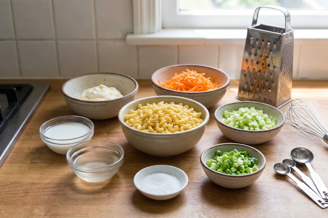 Measured ingredients for Hawaiian mac salad arranged together, including dry elbow macaroni, mayonnaise, milk, vinegar, sugar, carrots, celery, and onions in small bowls