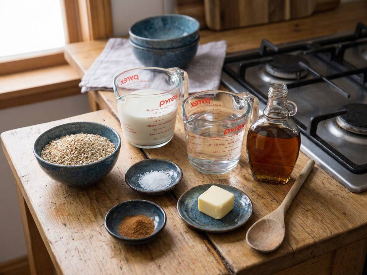 Measured ingredients for Irish oats on a kitchen counter including steel cut oats, milk, water, salt, cinnamon, butter, and maple syrup
