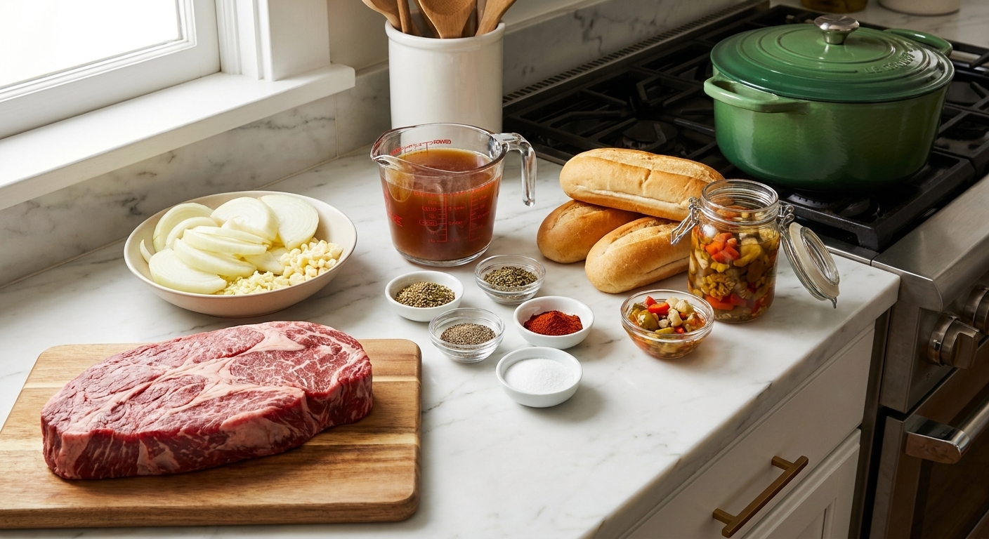Measured ingredients for Italian beef including chuck roast, sliced onions, garlic, broth, seasonings, hoagie rolls, and giardiniera arranged on a clean kitchen counter