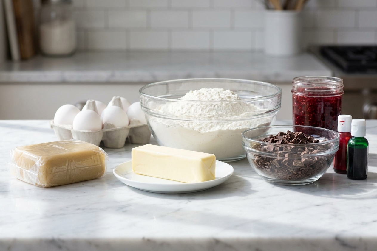 Measured ingredients for Italian rainbow cookies on a kitchen counter, including almond paste, butter, eggs, flour, raspberry jam, chocolate, and gel food coloring