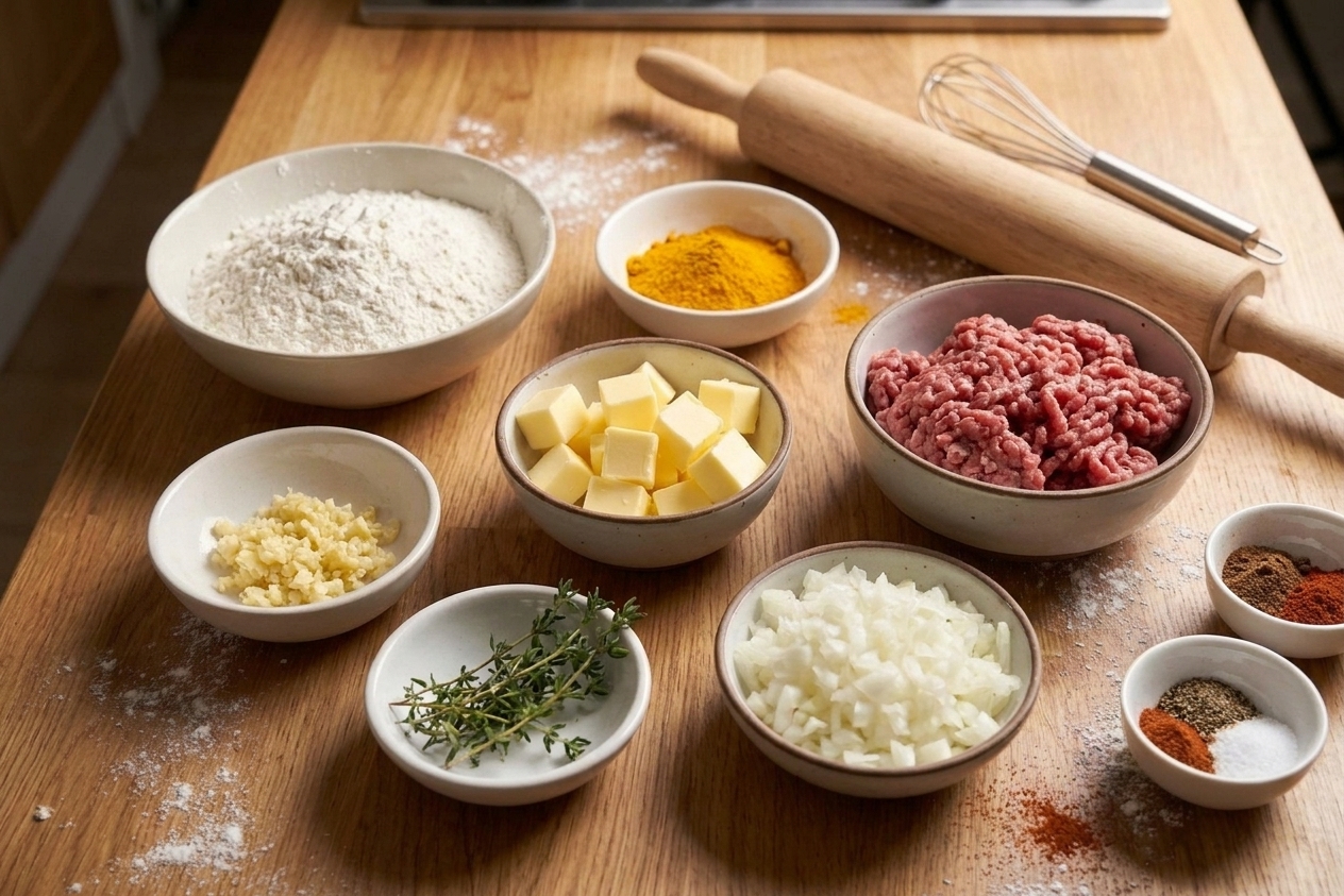 Measured ingredients for Jamaican beef patties on a light kitchen counter, including flour, turmeric, butter, ground beef, onion, garlic, thyme, and spices in small bowls