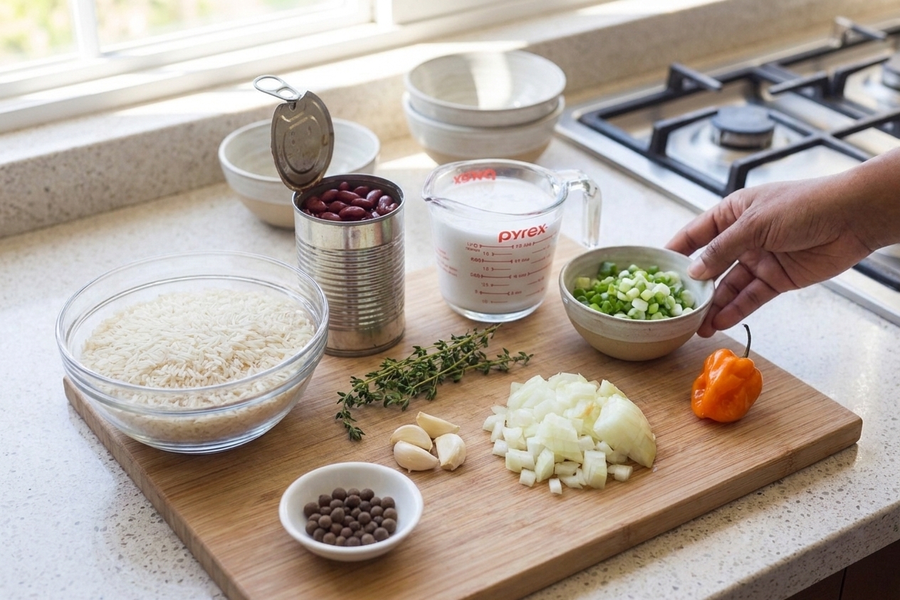 Measured ingredients for Jamaican rice and peas on a kitchen counter, including long grain rice, canned kidney beans, coconut milk, scallions, thyme, garlic, onion, allspice, and a whole Scotch bonnet pepper