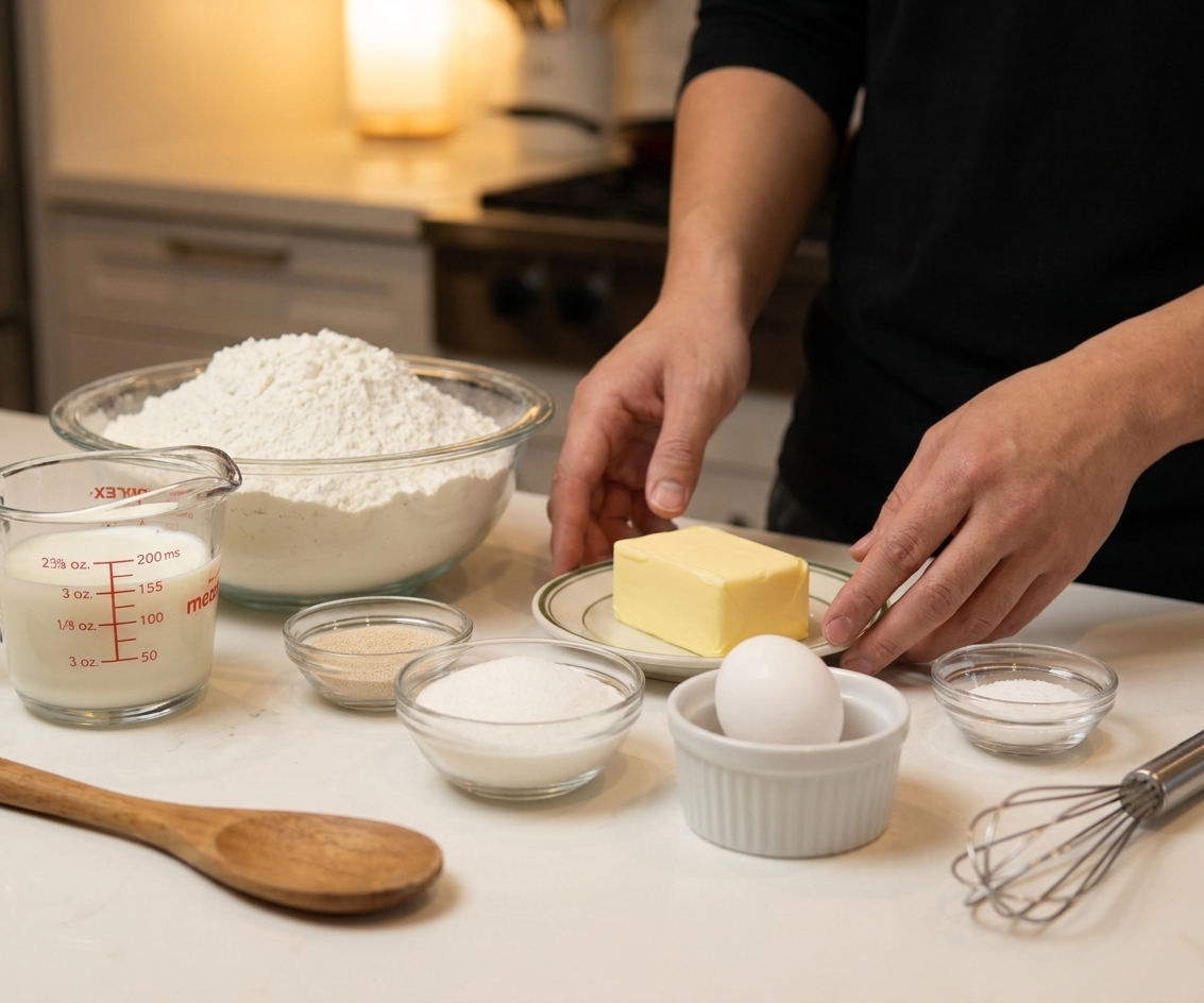 Measured ingredients for Japanese milk bread on a kitchen counter, including flour, milk, yeast, sugar, butter, egg, and salt