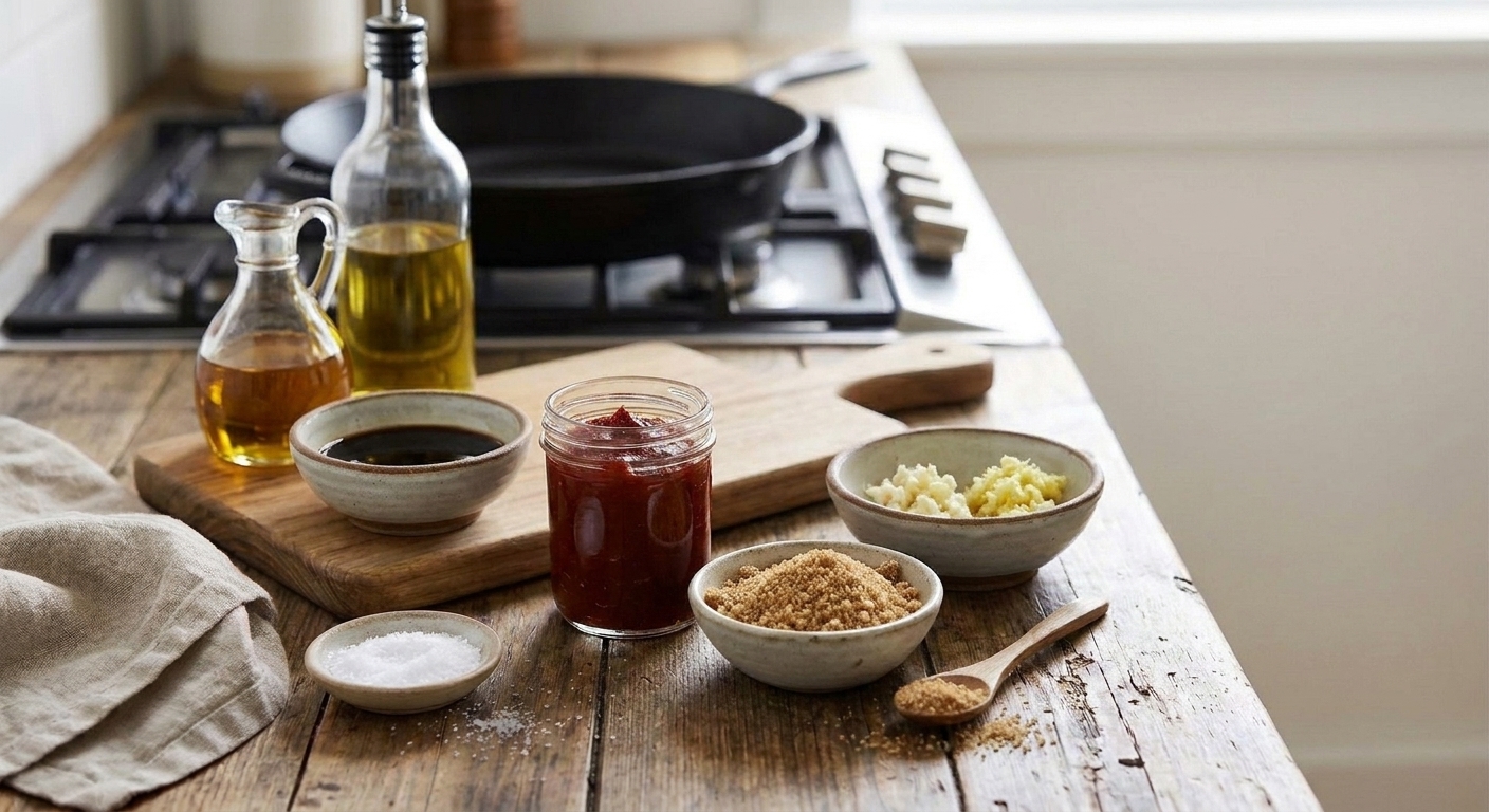 Measured ingredients for Korean BBQ sauce on a kitchen counter, including soy sauce, gochujang, brown sugar, garlic, ginger, sesame oil, and rice vinegar