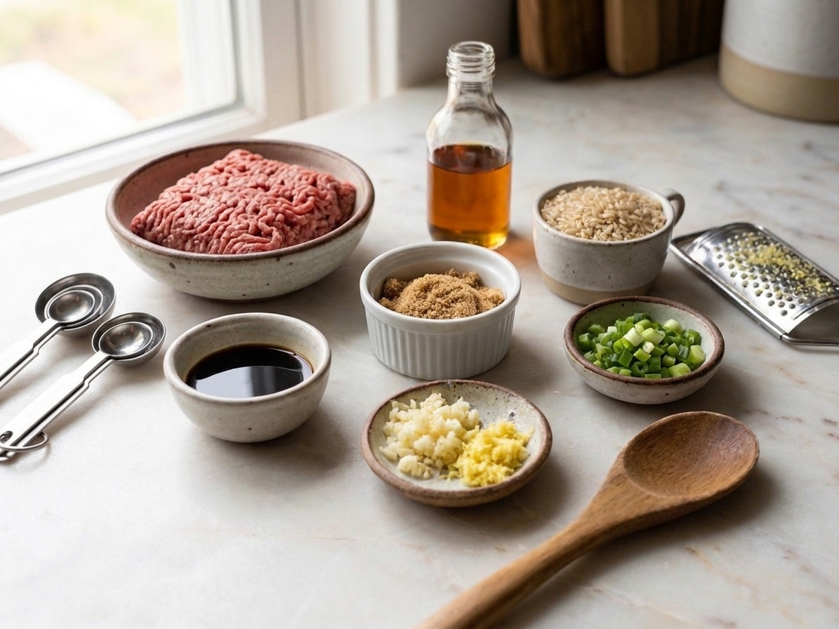 Measured ingredients for Korean beef bowls on a kitchen counter, including ground beef, soy sauce, brown sugar, garlic, ginger, sesame oil, rice, and green onions