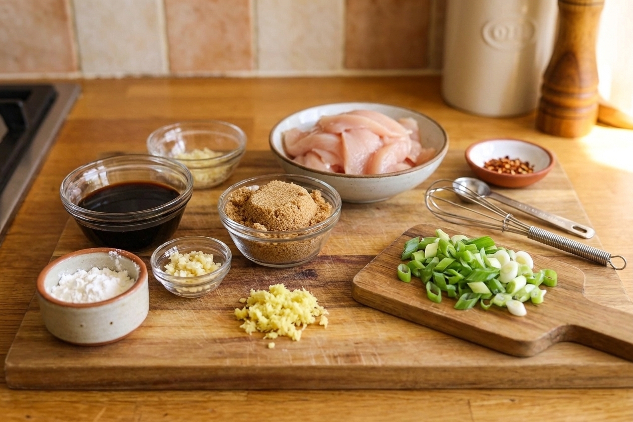 Measured ingredients for Mongolian chicken on a kitchen counter, including sliced chicken, soy sauce, brown sugar, garlic, ginger, cornstarch, green onions, and a small bowl of red pepper flakes