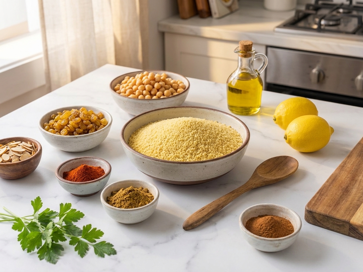 Measured ingredients for Moroccan couscous on a kitchen counter including couscous, chickpeas, raisins, sliced almonds, lemons, olive oil, and small bowls of spices