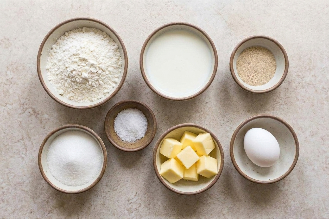 Measured ingredients for Parker House rolls on a kitchen counter: flour, milk, yeast, sugar, salt, butter, and an egg in small bowls