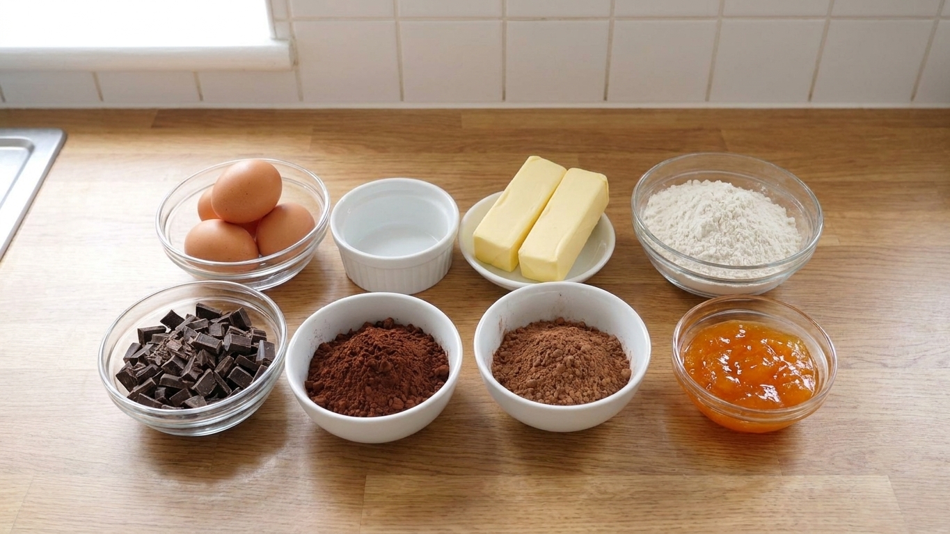 Measured ingredients for Sachertorte on a kitchen counter, including eggs, butter, chopped chocolate, cocoa powder, flour, and apricot jam in small bowls