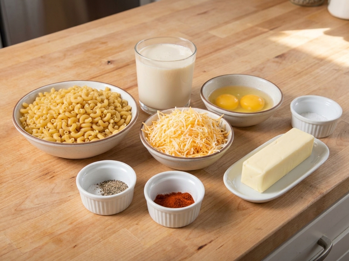Measured ingredients for Southern mac and cheese like elbow pasta, shredded cheddar, evaporated milk, eggs, butter, and seasonings arranged on a light kitchen counter