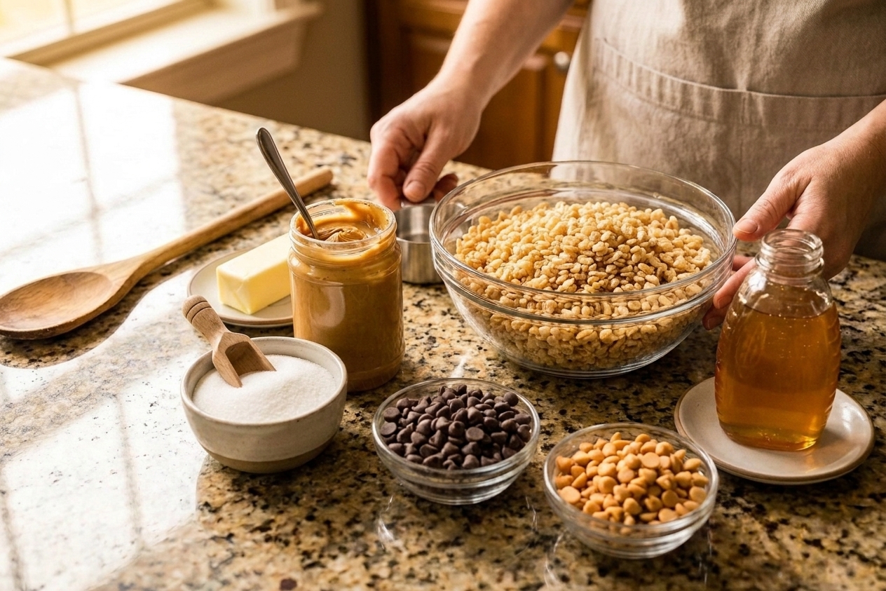 Measured ingredients for Special K bars arranged on a tidy kitchen counter, including cereal, peanut butter, sugar, honey or corn syrup, and baking chips