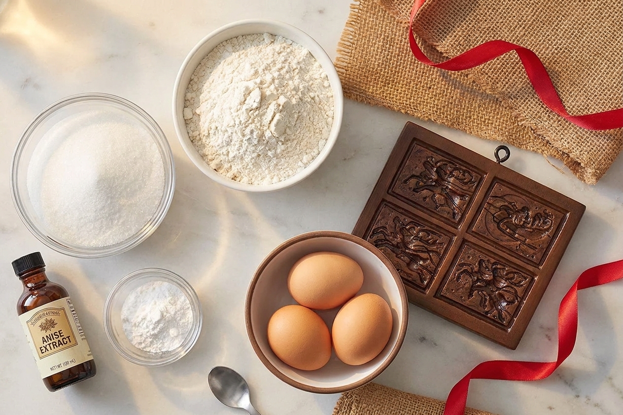 Measured ingredients for Springerle cookies on a kitchen counter, including flour, sugar, eggs, anise extract, and a small bowl of baking powder